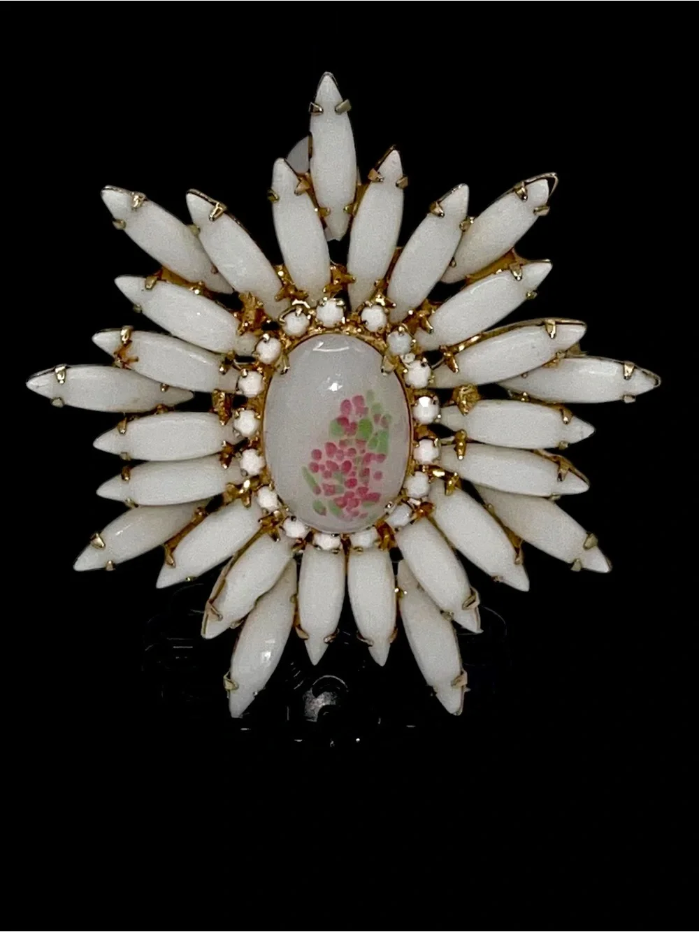 Vintage Judy Lee Milk Glass Sunburst Brooch & Clip Earrings Demi Parure Set